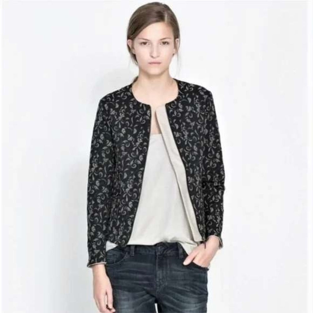 Zara Black Cream Jacquard Collarless Jacket Large Zip Work Office Blazer Woven